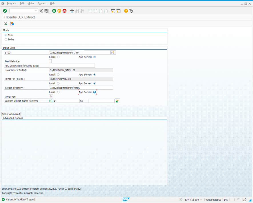 Tricentis LUX Extract screen.