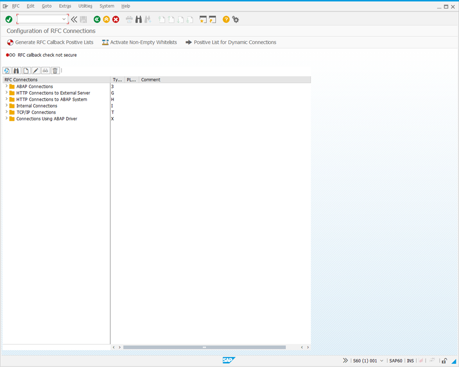 Configuration of RFC Destinations screen.