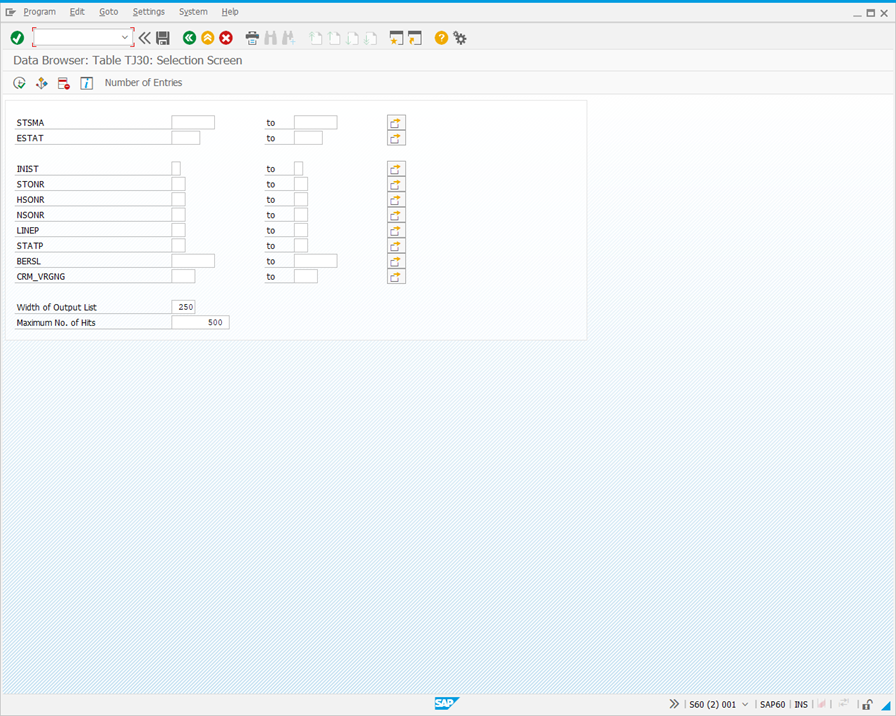 Data Browser: Table TJ30: Selection Screen.