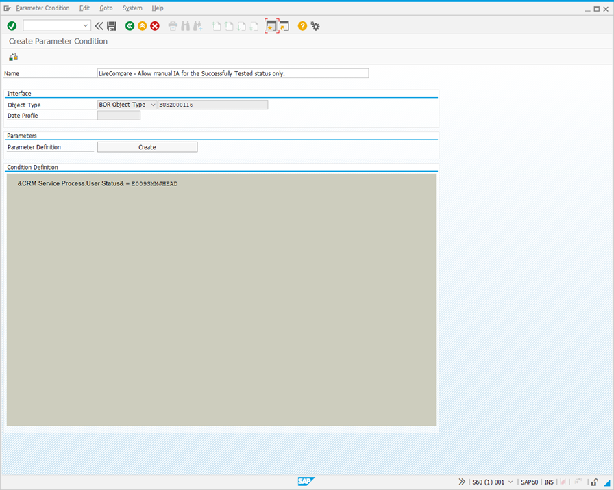 Create Parameter Condition screen.