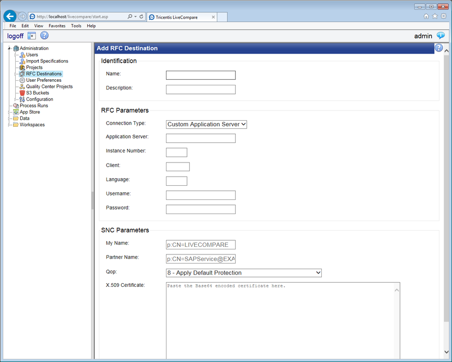 Add RFC Destination screen.