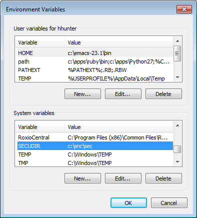 Environment Variables dialog.