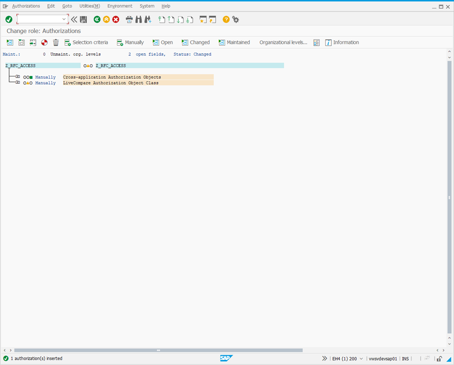 Change role: Authorizations screen.