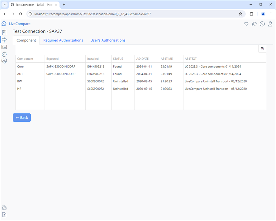 Test Connection screen.