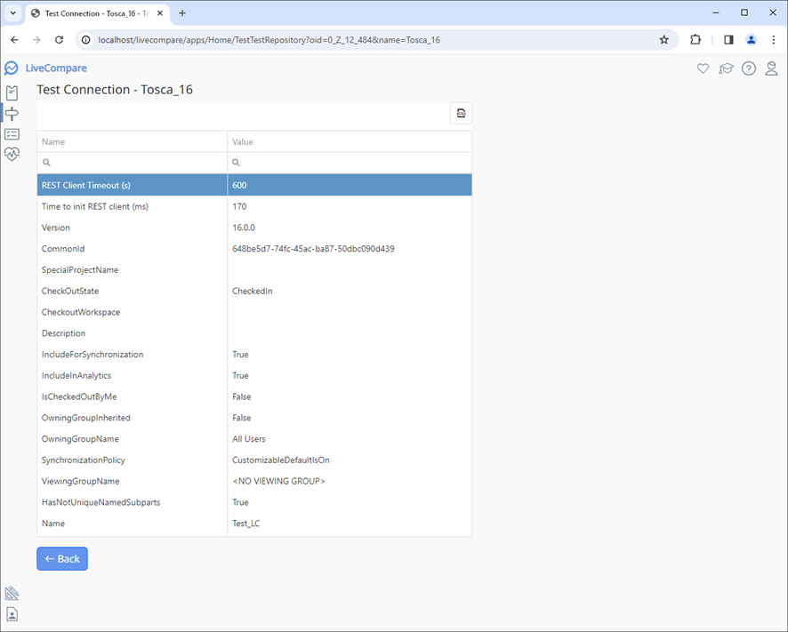 Test Connection screen (Test Repository).