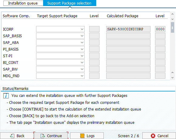 Support Package selection tab.