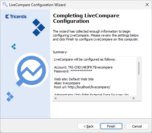 Completing LiveCompare Configuration screen.