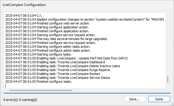 LiveCompare Configuration screen.