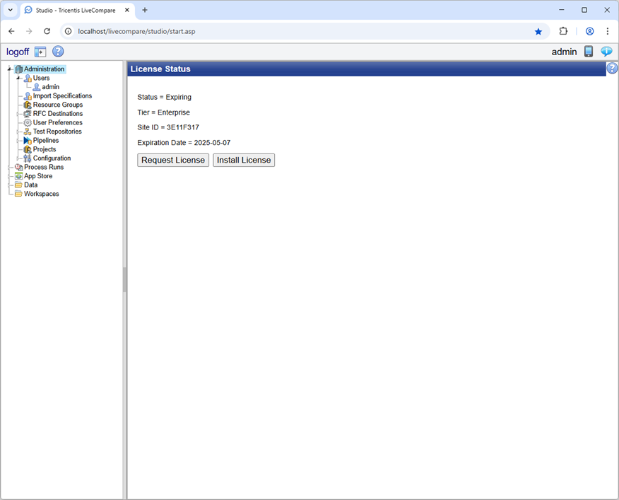 License status screen.