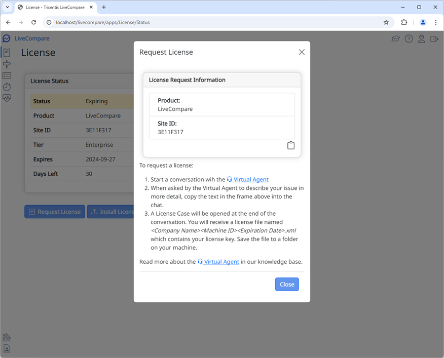 Request license dialog.