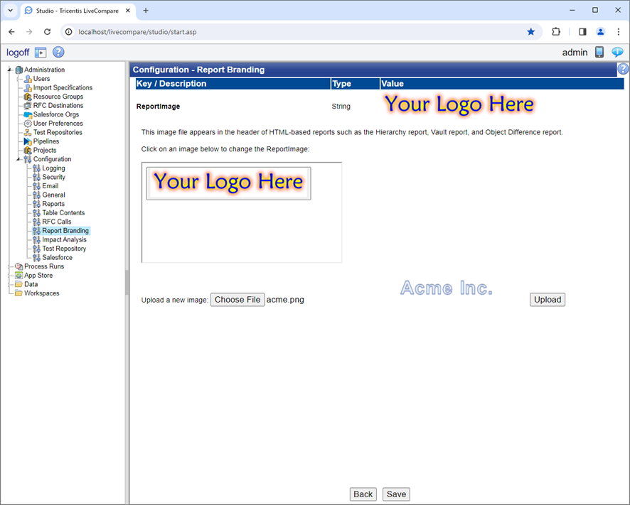 Configuration- Report Branding screen.