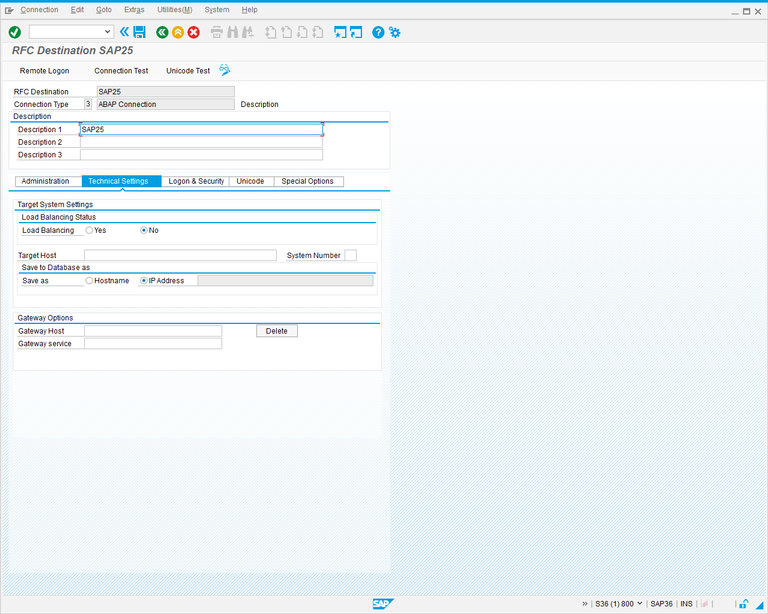 SM59 RFC Destination Details.