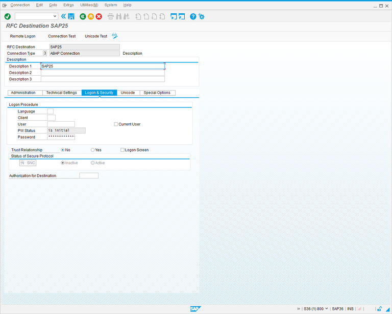 SM59 RFC Destination Details (Logon & Security).
