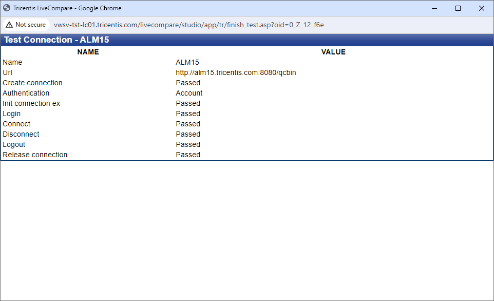 Test Connection screen (ALM).