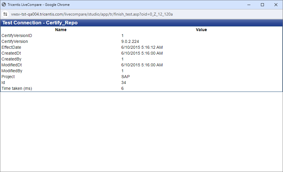 Test Connection screen (Certify).