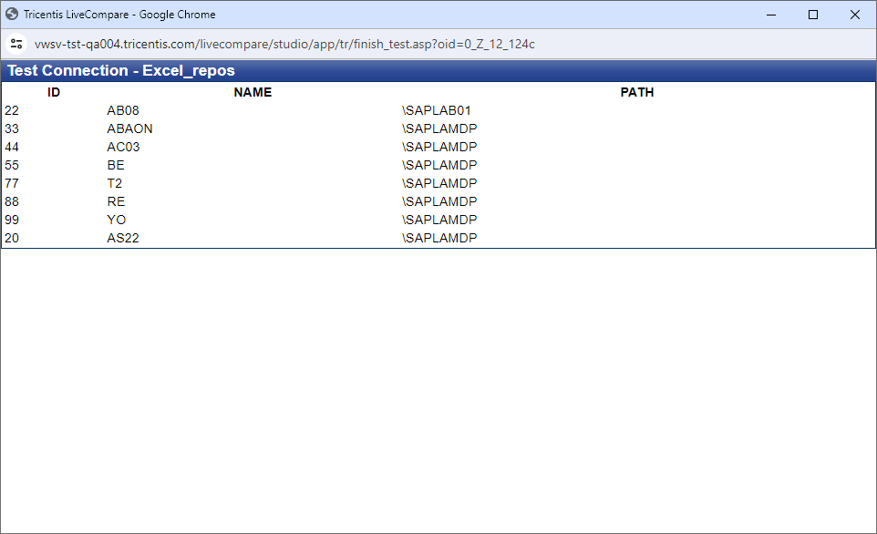 Test Connection screen (Excel).
