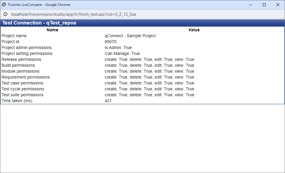Test Connection screen (qTest).