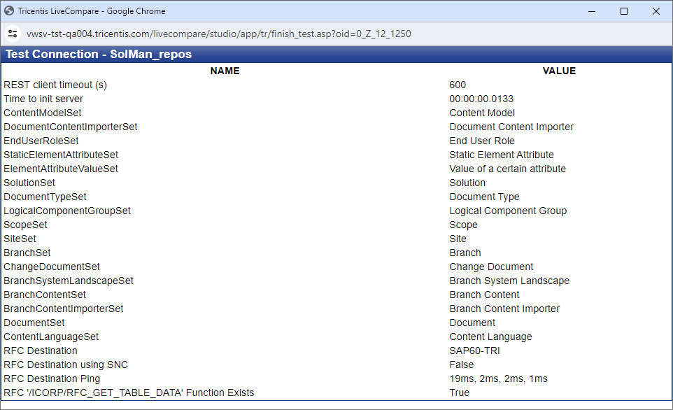Test Connection screen (SAP Solution Manager).
