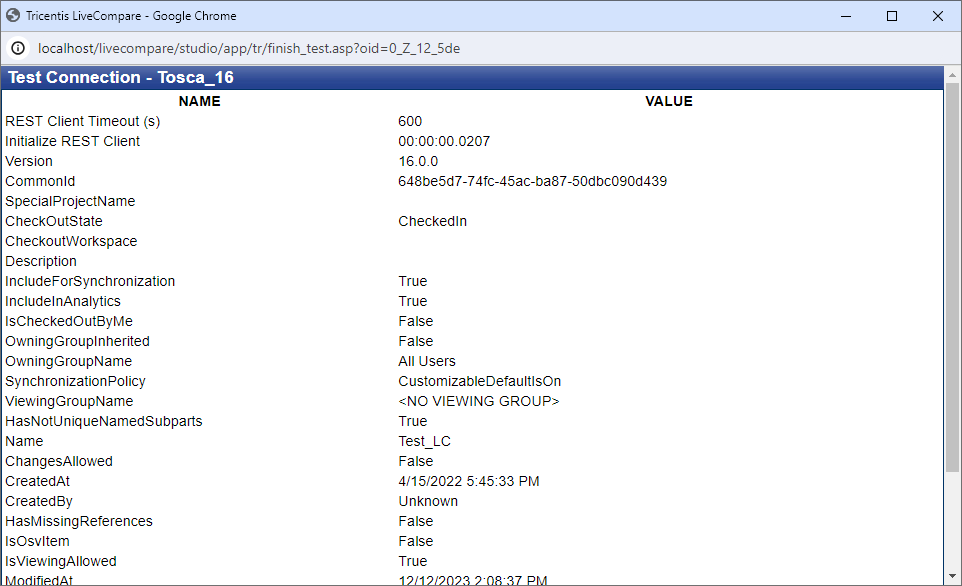 Test Connection screen (Tosca).