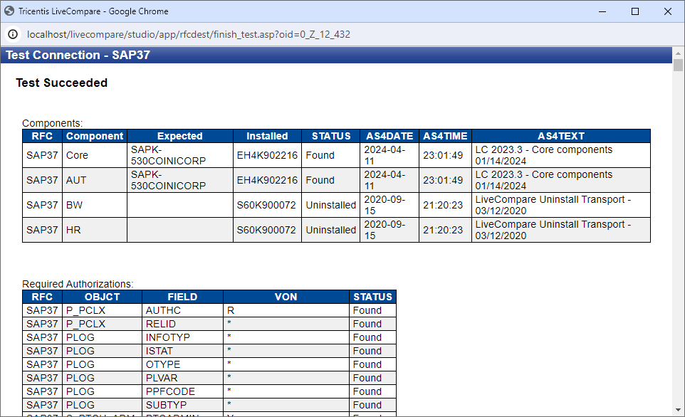 Test Connection screen.