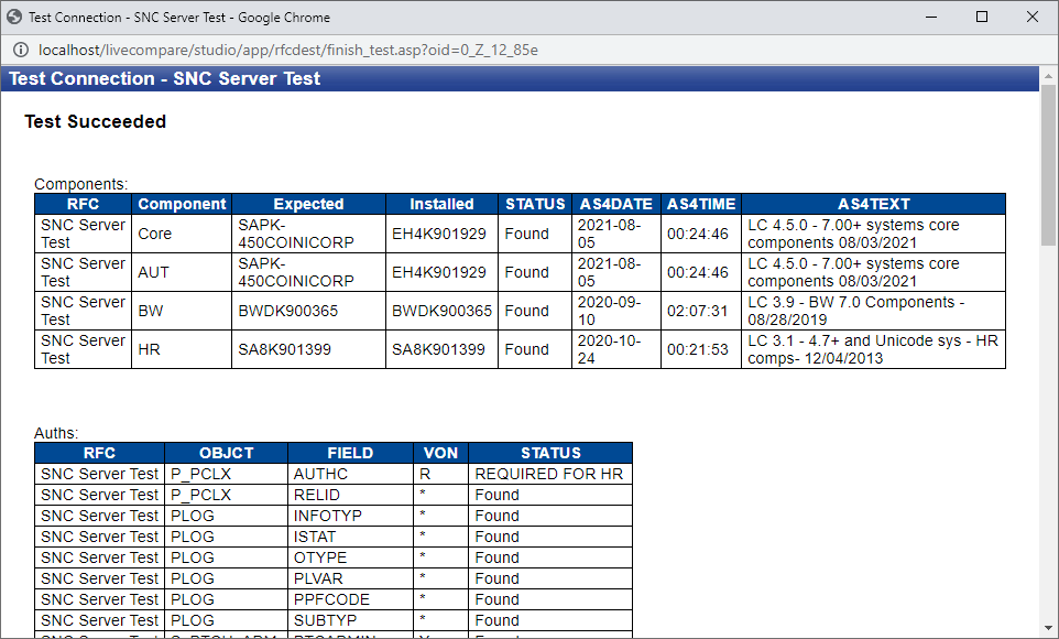 Test Connection screen.