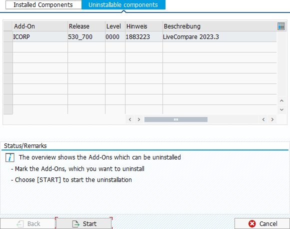 Uninstallable components dialog.