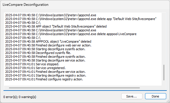 LiveCompare Deconfiguration screen.