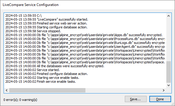 LiveCompare Service Configuration screen.