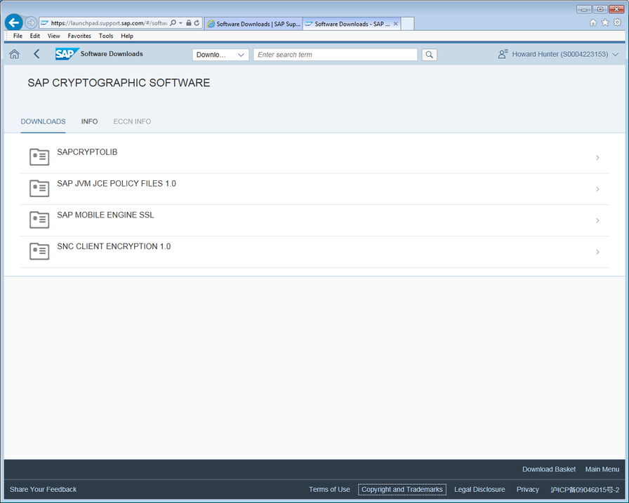 Software Downloads screen (SAP Cryptographic Software).