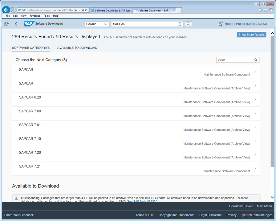 Software Downloads screen (SAPCAR).