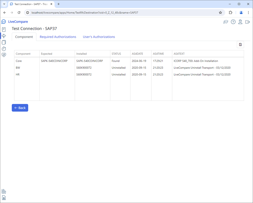 Test Connection screen (RFC Destination).