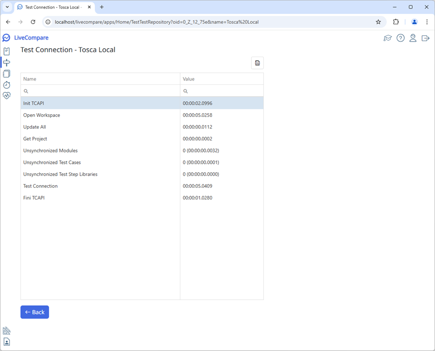 Test Connection screen (Test Repository).