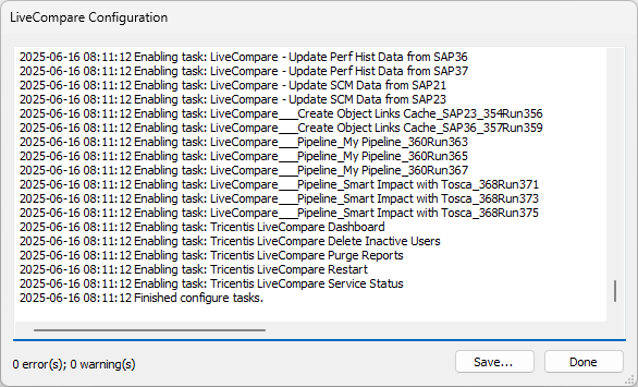 LiveCompare Configuration screen.