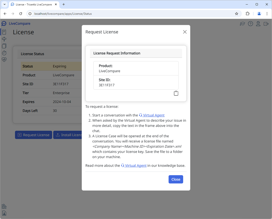Request license dialog.
