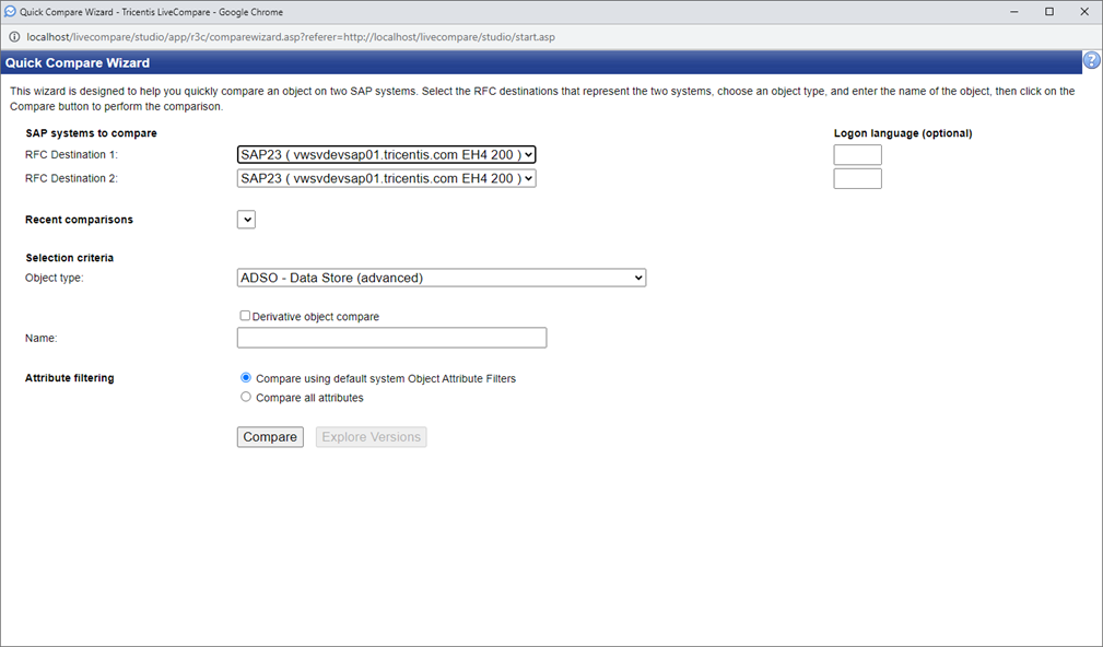Quick Compare Wizard screen.