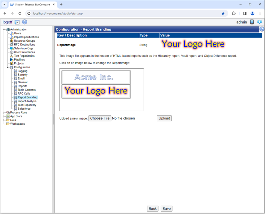 Configuration- Report Branding screen.