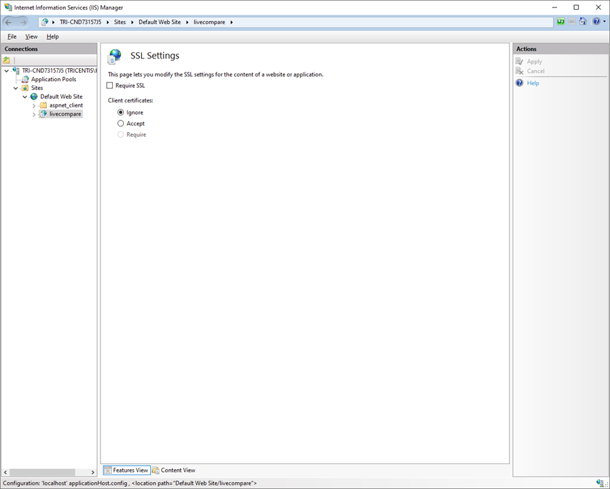 Internet Information Services (IIS) Manager - SSL Settings.