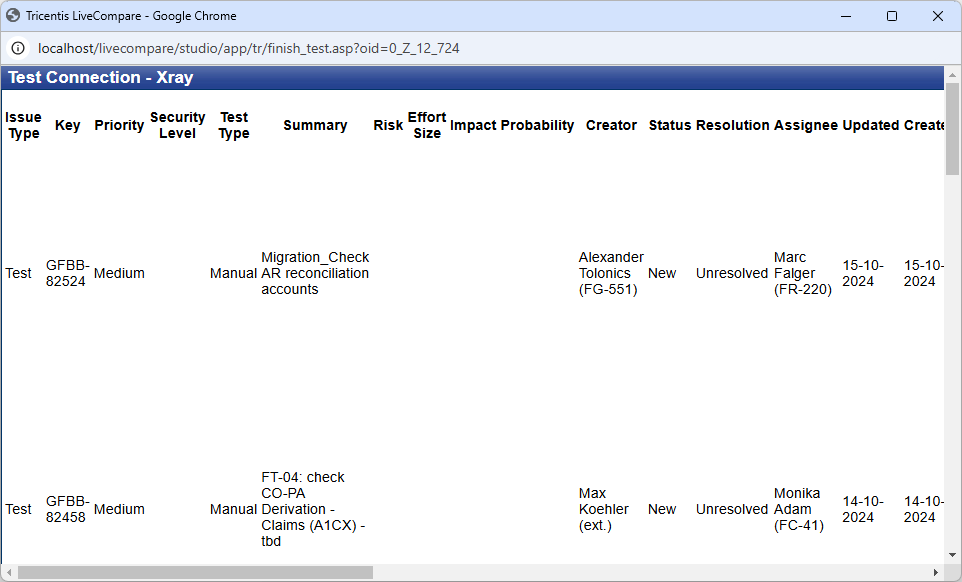 Test Connection screen (Xray).
