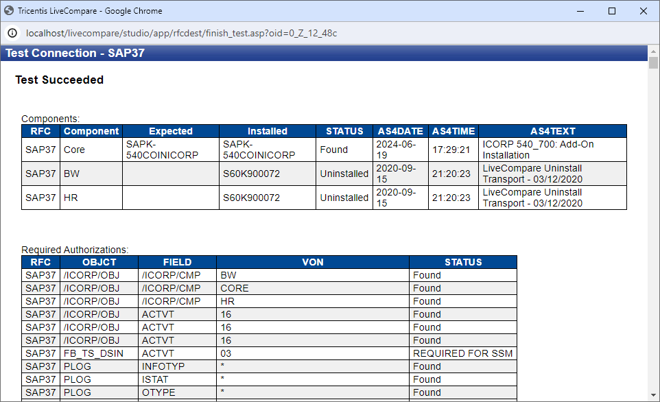 Test Connection screen.