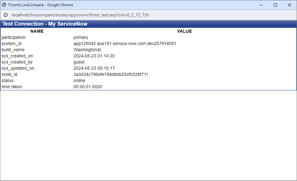 Test Connection screen.
