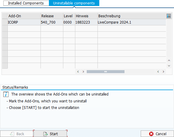 Uninstallable components dialog.