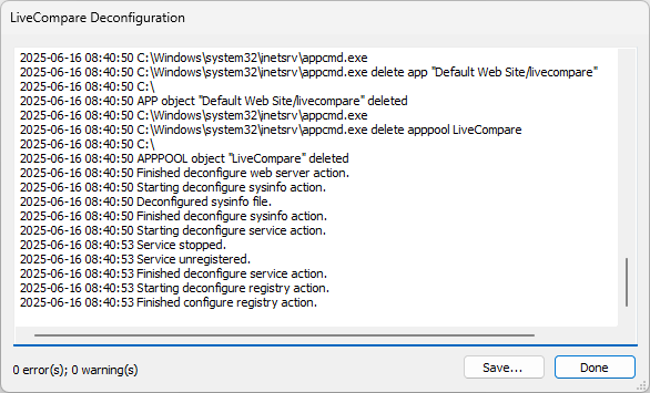 LiveCompare Deconfiguration screen.