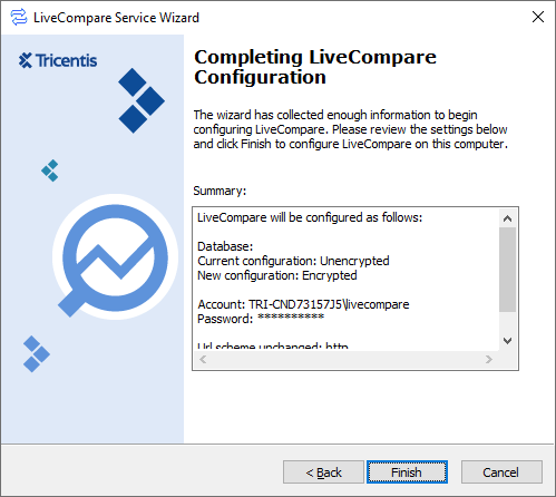 Completing LiveCompare Configuration screen.