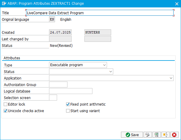 ABAP: Program Attributes dialog.