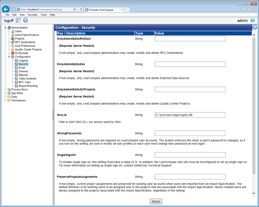 Configuration - Security screen.