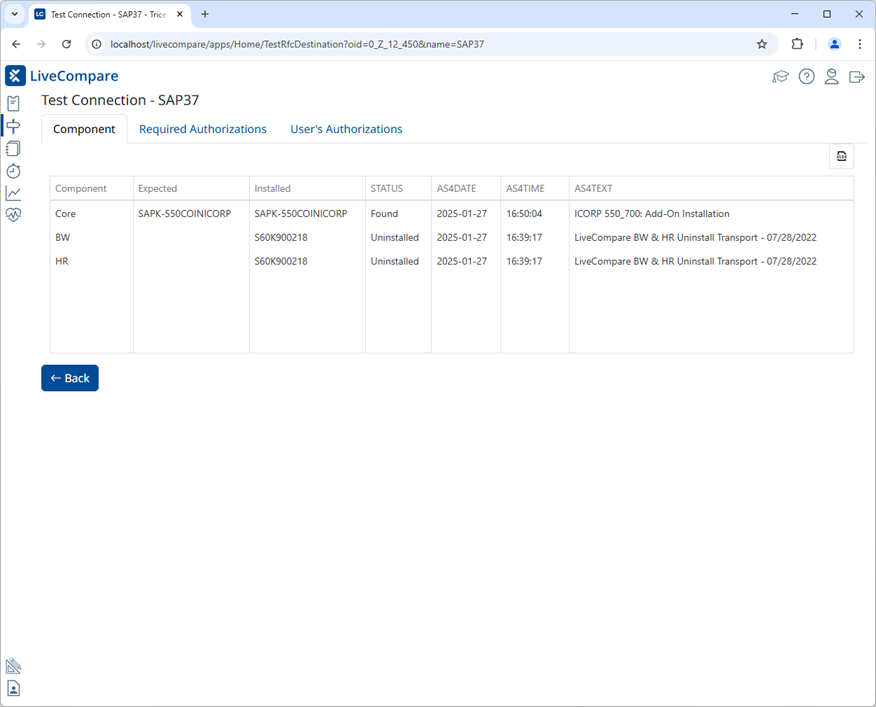 Test Connection screen.