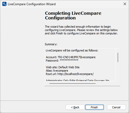 Completing LiveCompare Configuration screen.