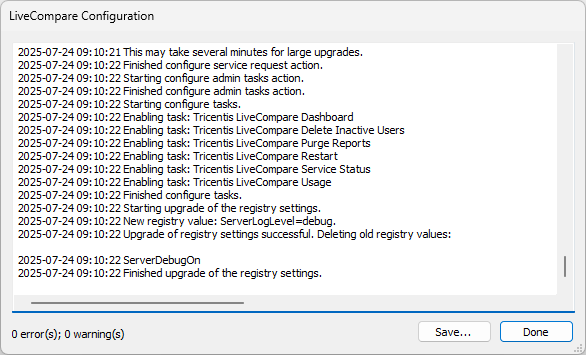 LiveCompare Configuration screen.