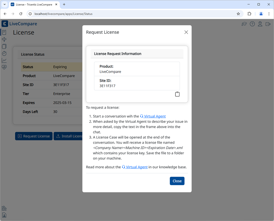 Request license dialog.