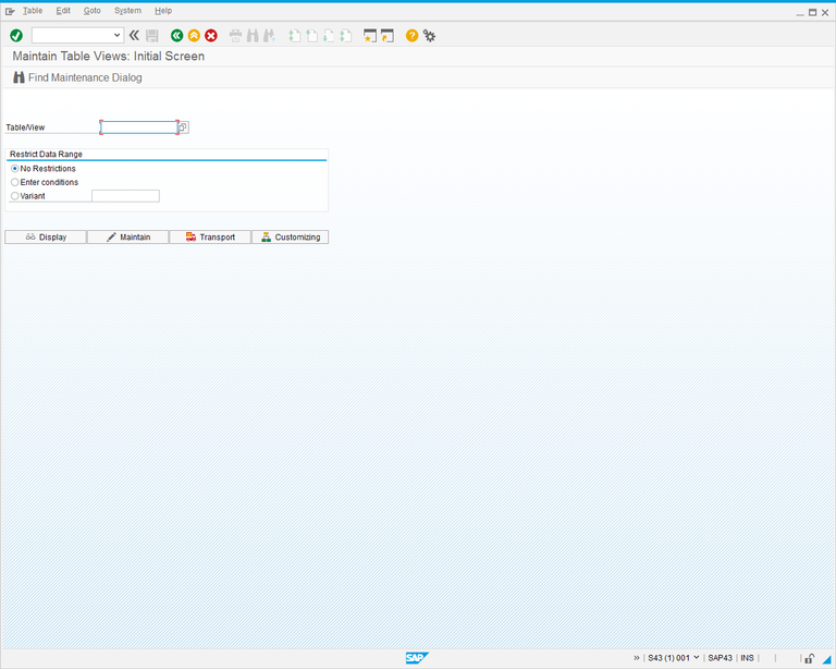 Maintain Table Views: Initial Screen.